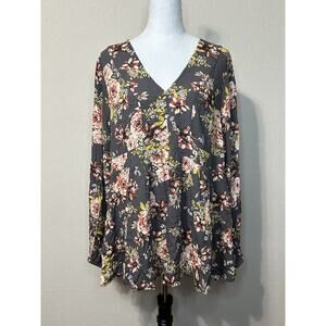 Torrid Womens Sz 2 Floral V Neck Long Balloon Sleeve Babydoll Blouse Flowy